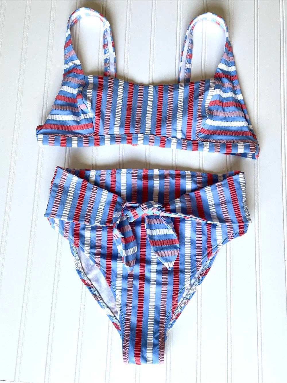 Jessica Bikini Retro Scoop Top HR Tie Waist Bottom Crinkle Sunset Stripe Large